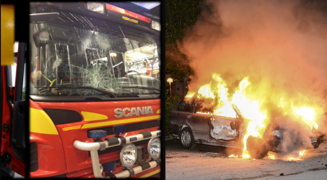 Upplopp, Ungdomar, Brandkår, Polis, Husby, Bilbränder, Brandmän